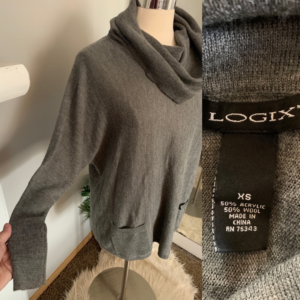 Women’s Oversized Gray Wool Cowl neck sweater XS S career Casual Warm Cozy - Picture 2 of 13